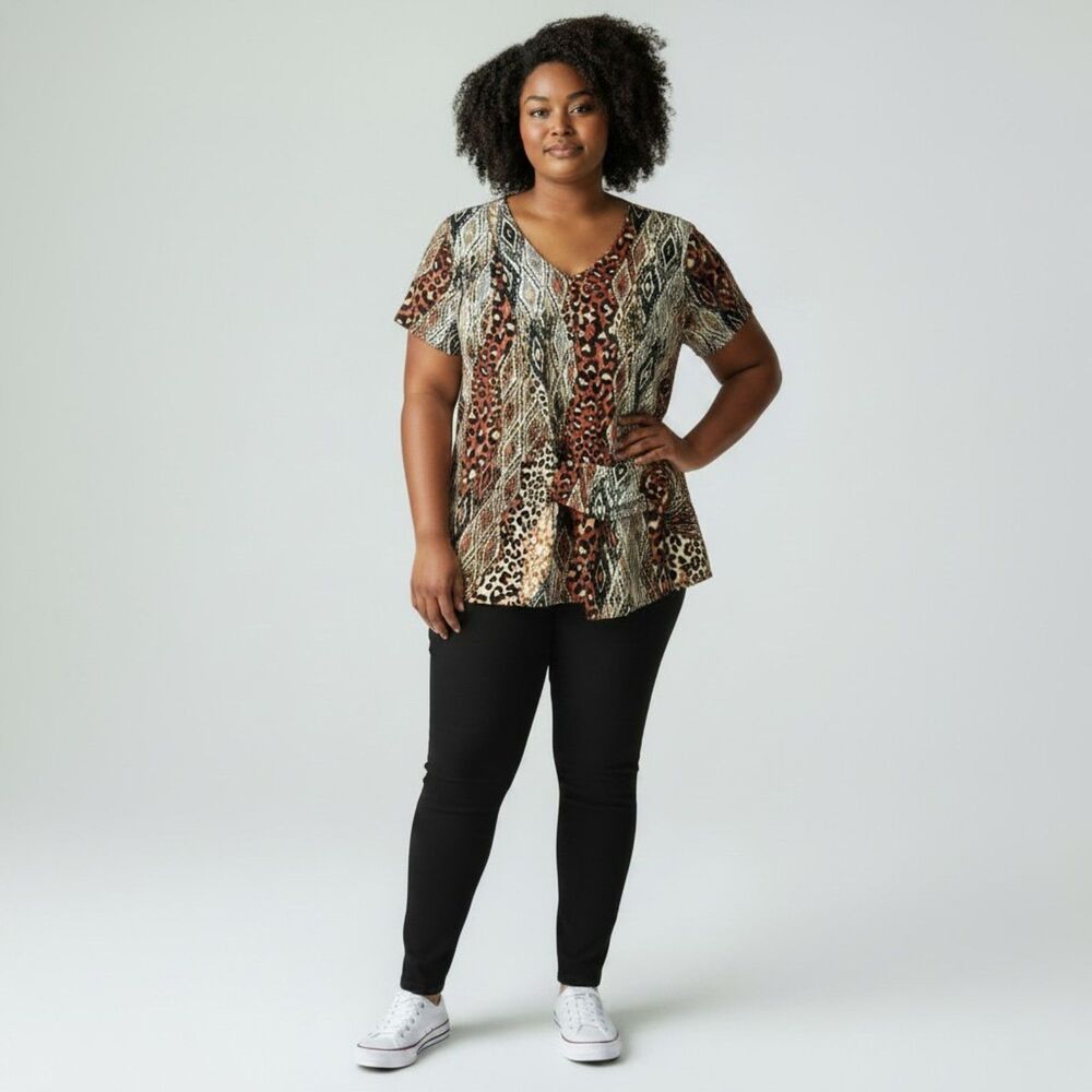Chenault Blouse Mixed Leopard Ikat Print V-Neck Ring Buckle Detail Top XL